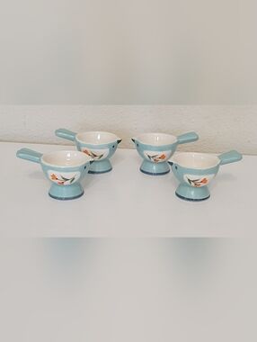 Set of 4 Blue Ceramic Bird Hard  Boiled Egg Holder with Orange Floral Detail
